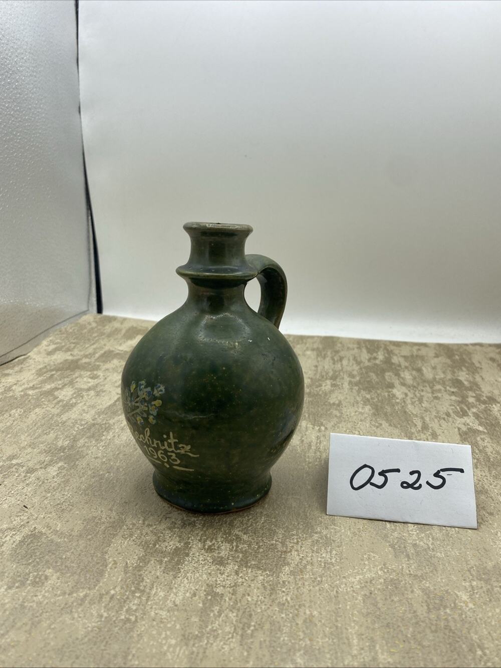Handmade & Painted Small Jug Green With Flowers & “RECHNITZ 1963” Approx 6”